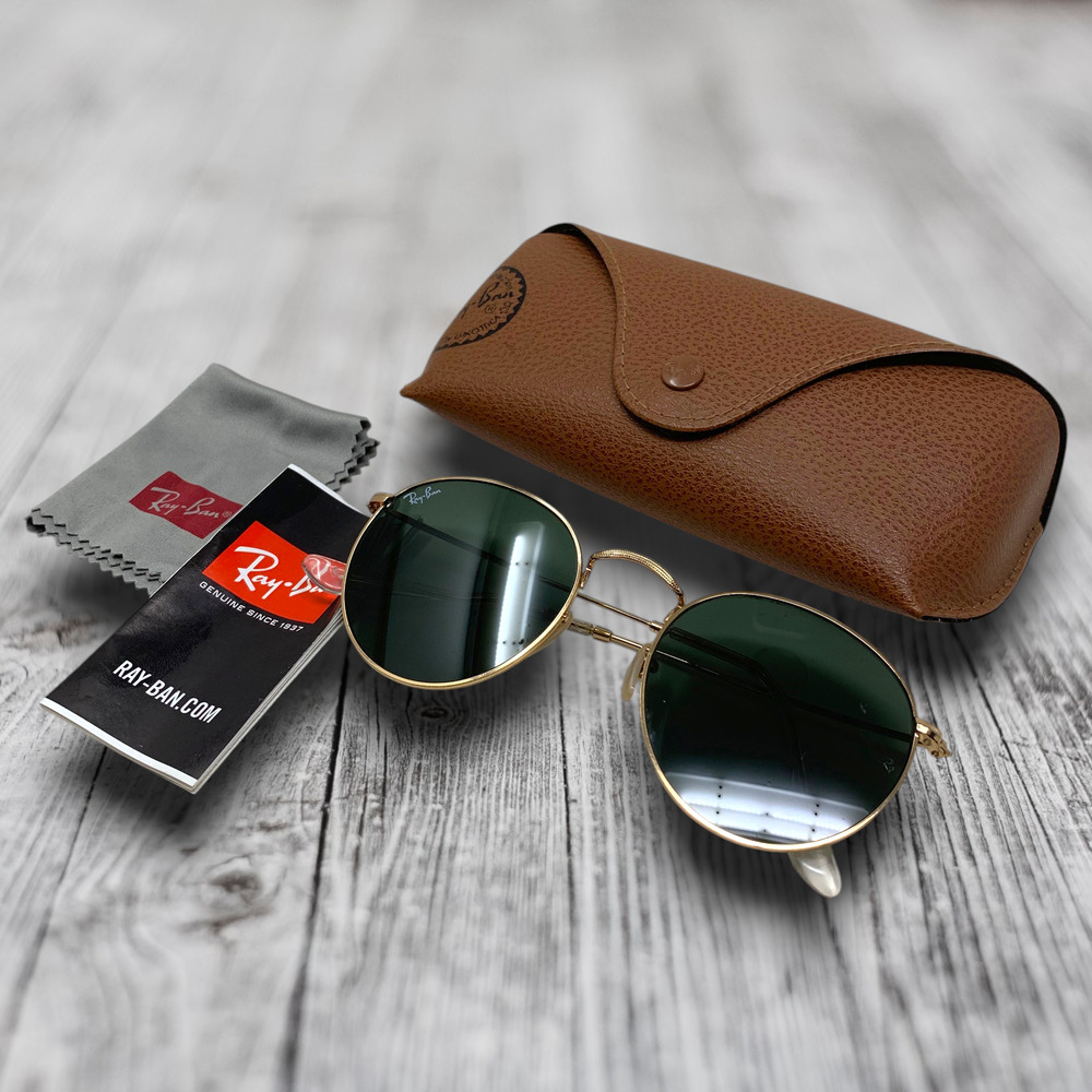 Ray-Ban RB3447N Round Metal Sunglasses Gold Green G15 53mm OG Case Cloth Papers